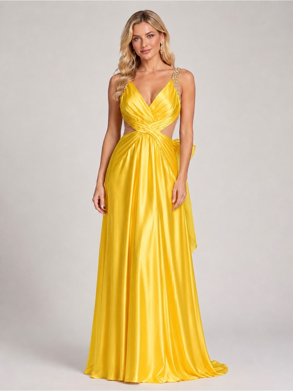 Xscape Yellow/Gold Beaded Racerback Satin Evening Gown